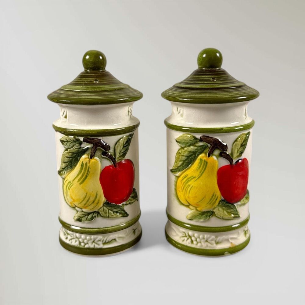 Vintage 3D Raised Fruit Porcelain Ceramic Set Salt & Pepper Shakers Japan
